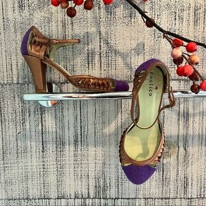 Coclico purple tweed and bronze leather heel